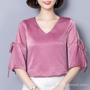 Fashion Cutting V-neck Solid Color Silk Sweet Top